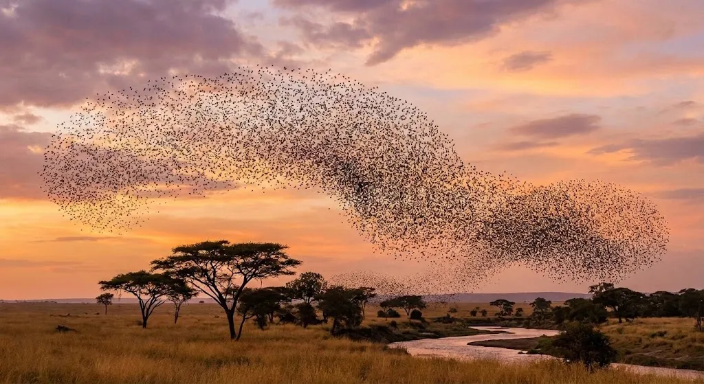 Vogelschwarm in synchroner Bewegung – Sinnbild harmonischer Kohärenz